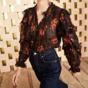 Haver + Blaire London I Floral and Black Sheer Lined V Tie Neck Size M